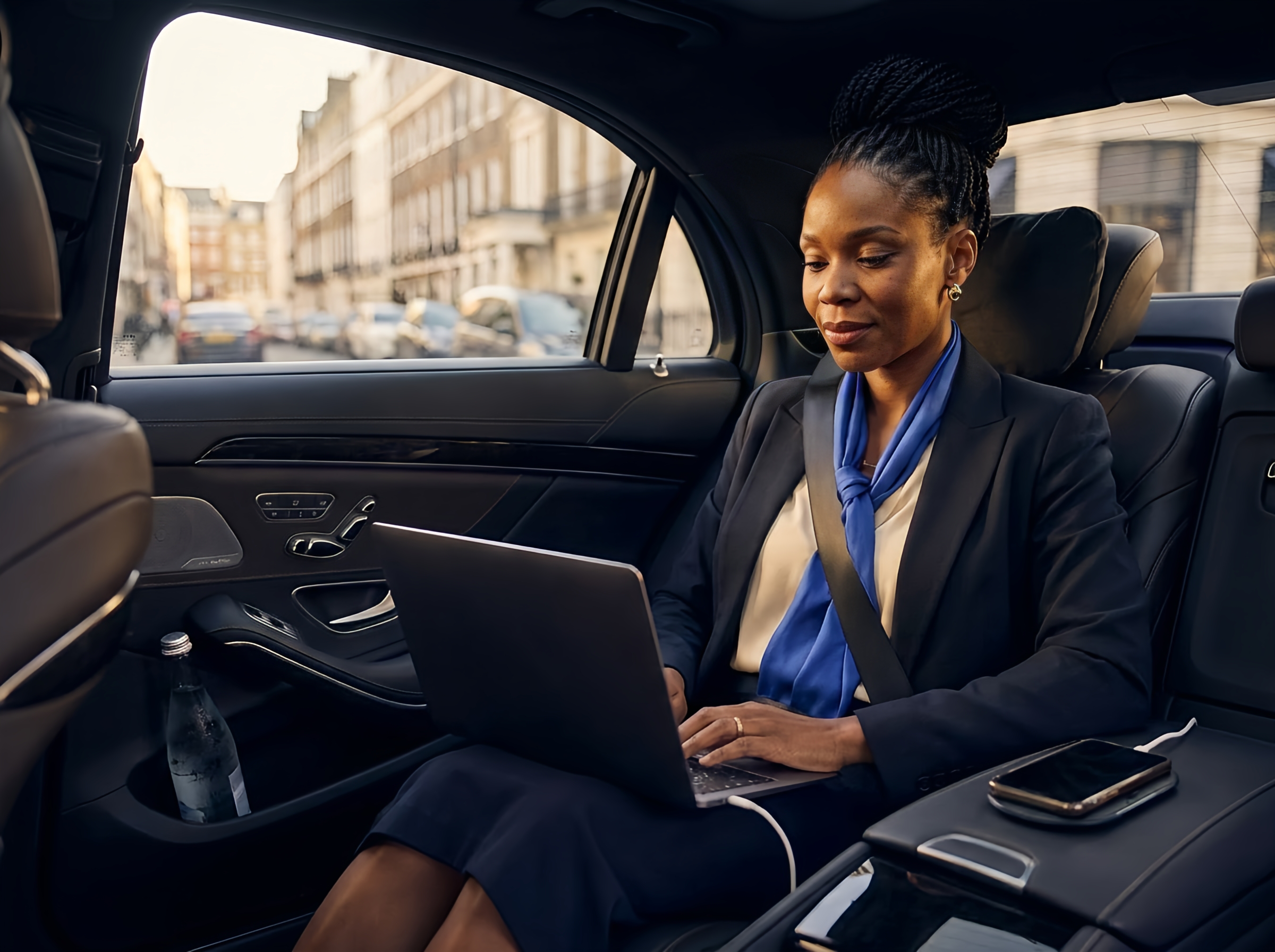 A guest works from the back seat of a Simplaa chauffeur-driven car