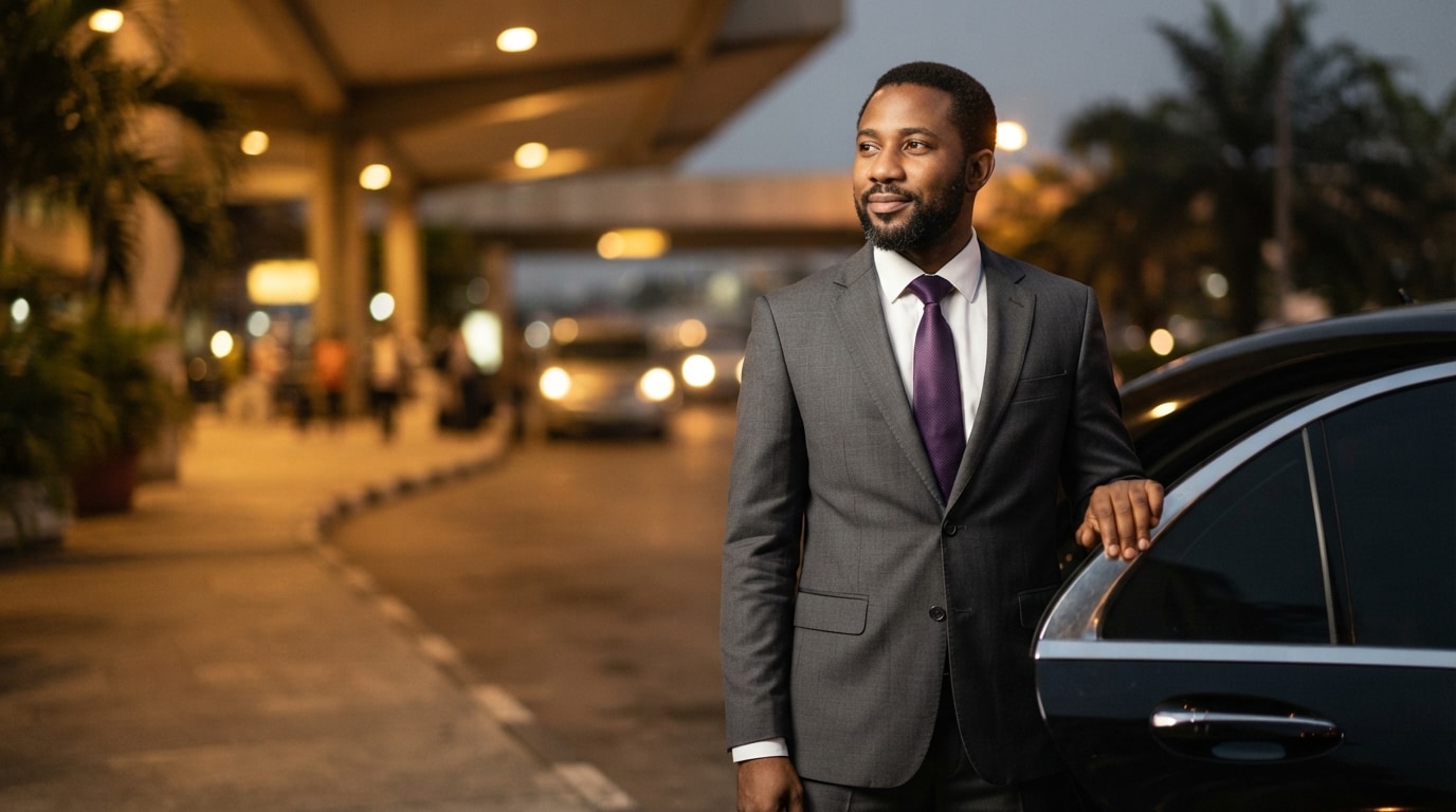 A Simplaa driver waiting beside their car outside the terminal in Lagos