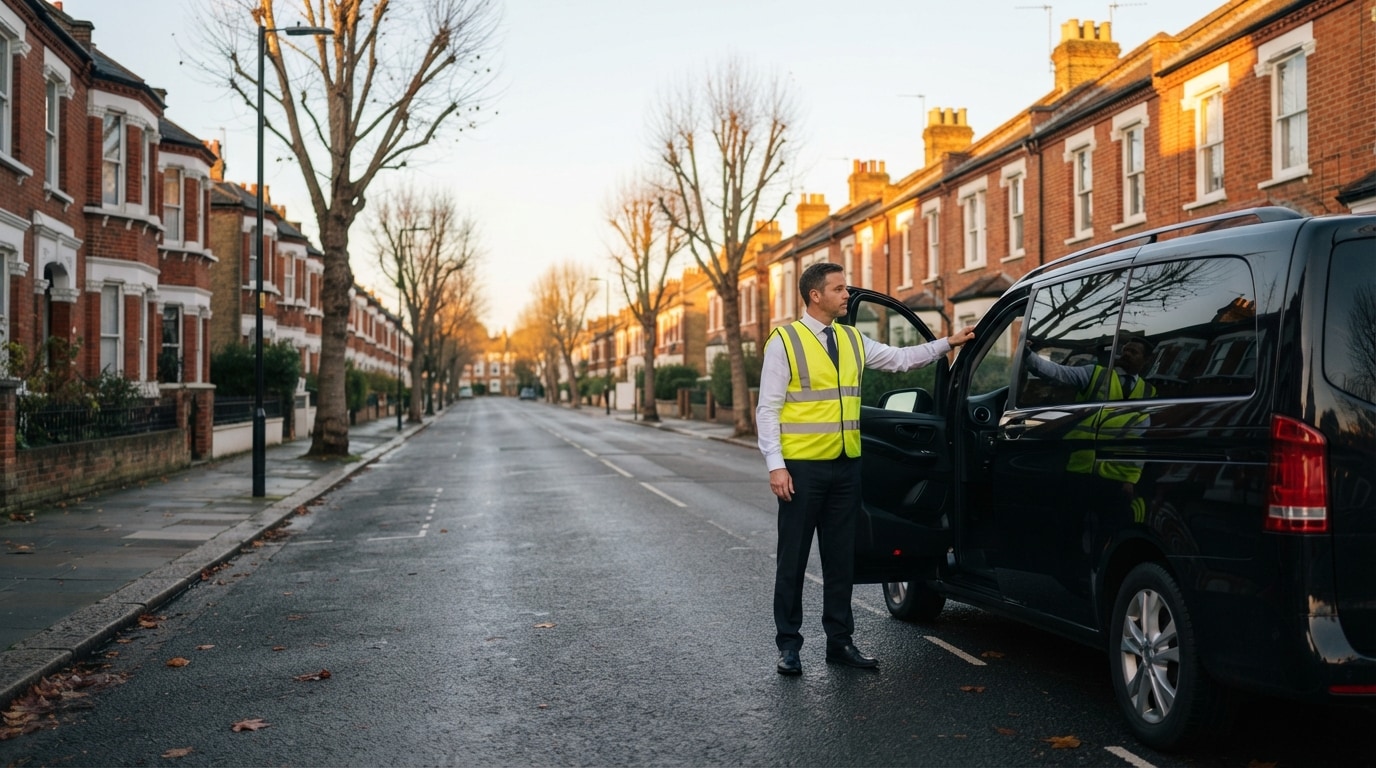 A Simplaa school-run driver at the door of their vehicle on a London street