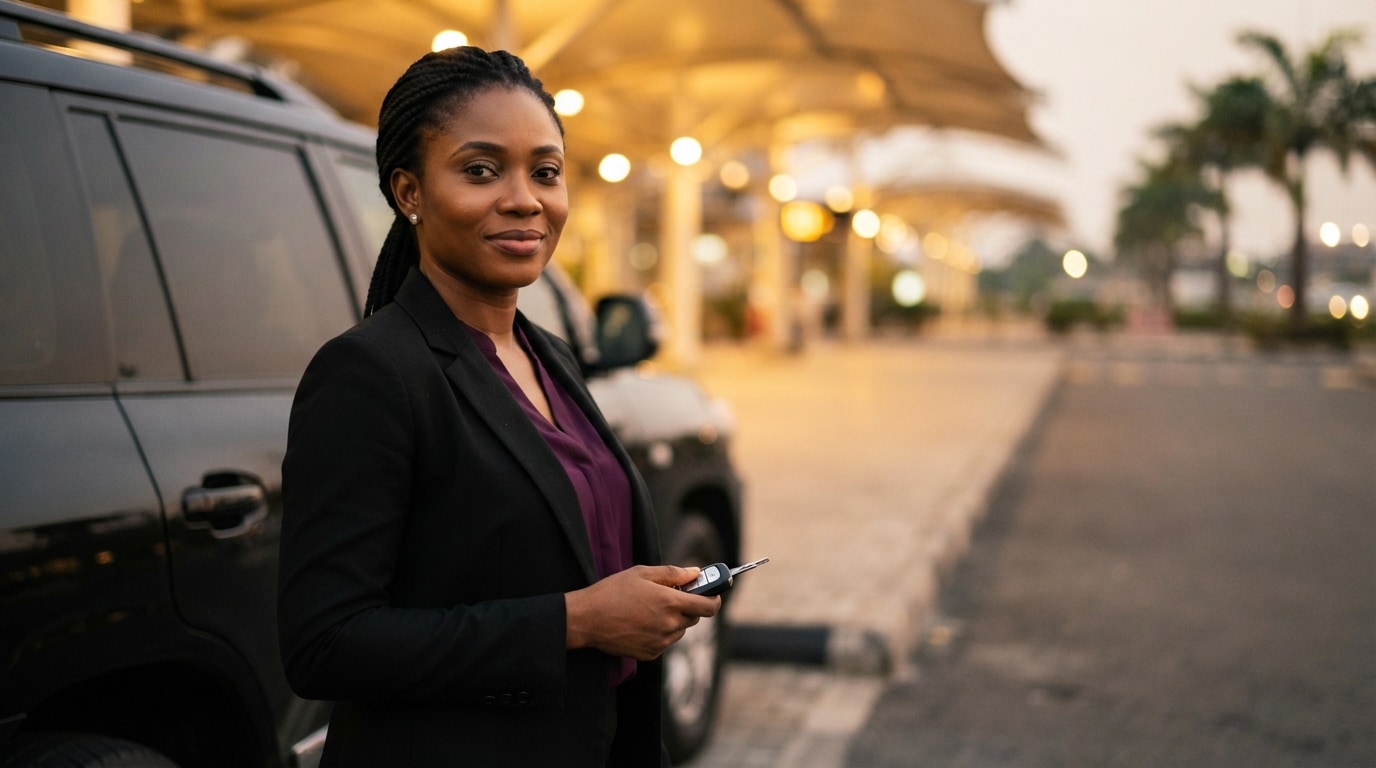 A Simplaa driver beside her car outside the terminal in Port Harcourt
