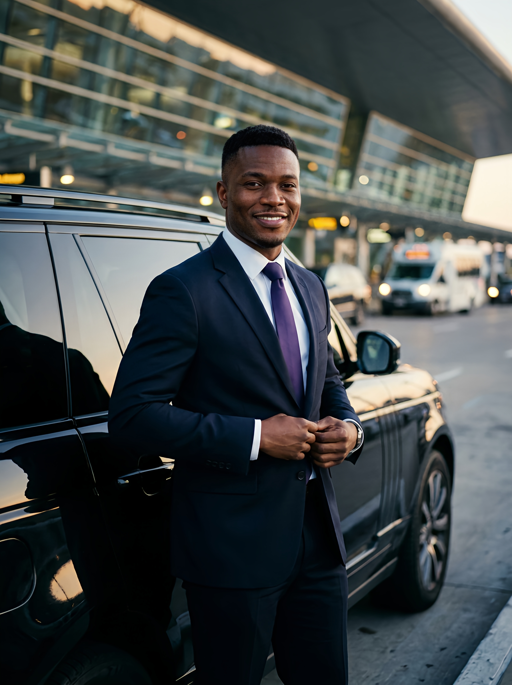 A Simplaa driver in uniform beside an executive car