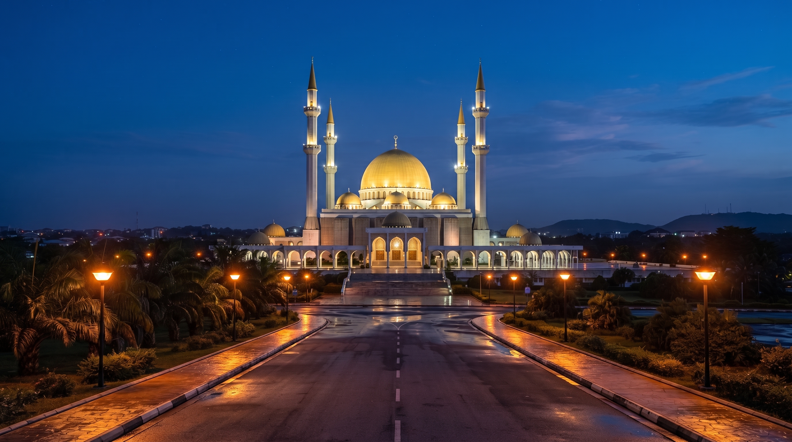 The Abuja National Mosque at dusk