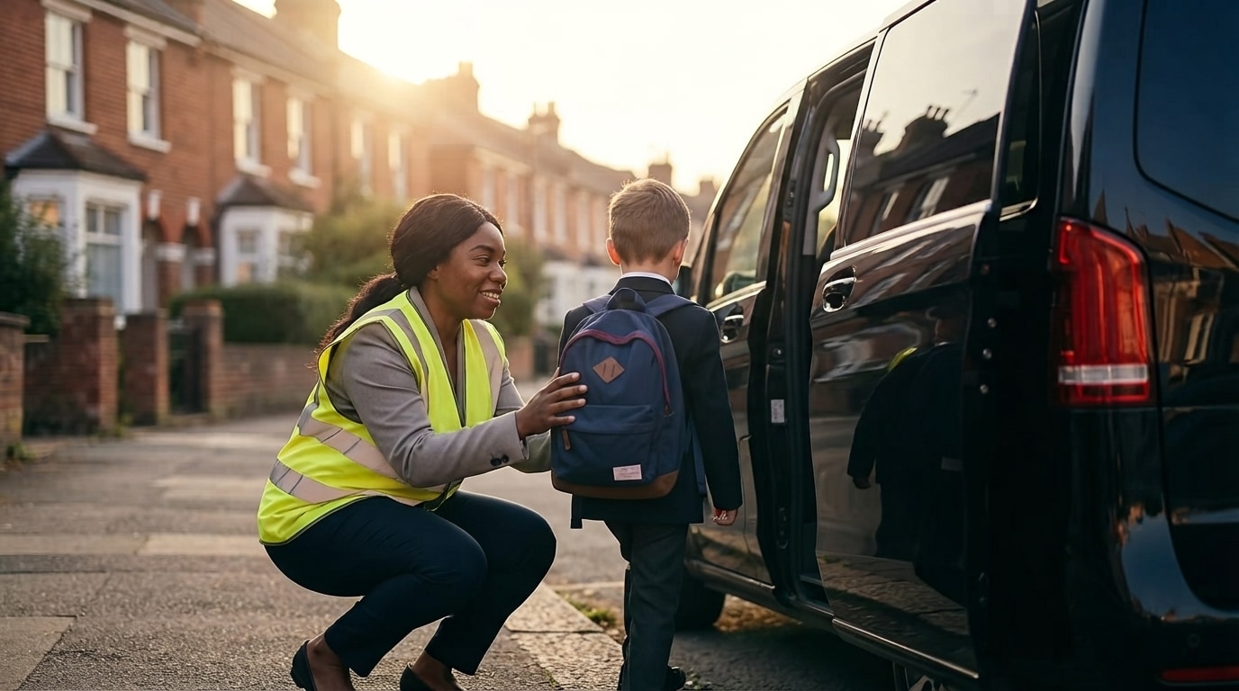 A Simplaa passenger assistant helping a child into the vehicle at the kerb